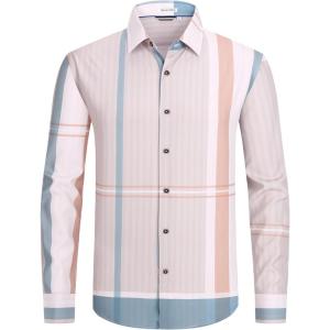 imageAlex Vando Mens Big Plaid Button Down Shirts Wrinkle Free 4Way Stretch Smart Casual ShirtBeigeBrown