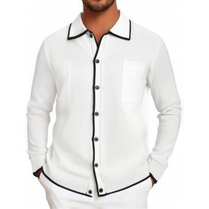 imageAlex Vando Mens Retro Cardigan Shirts Long Sleeve Two Pockets Knit Casual Button Down Shirts for MenBeige