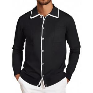 imageAlex Vando Mens Retro Cardigan Shirts Long Sleeve Two Pockets Knit Casual Button Down Shirts for MenBlack