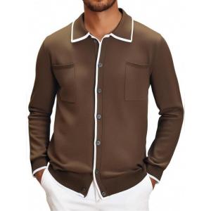 imageAlex Vando Mens Retro Cardigan Shirts Long Sleeve Two Pockets Knit Casual Button Down Shirts for MenCoffee