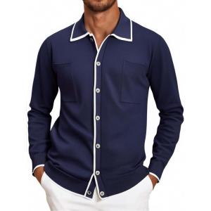 imageAlex Vando Mens Retro Cardigan Shirts Long Sleeve Two Pockets Knit Casual Button Down Shirts for MenRoyal