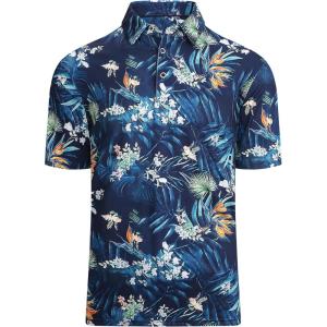 imageAlex Vando Mens Hawaiian Golf Shirt Moisture Wicking Digital Print Golf Shirts for MenNavy Leaf
