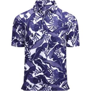 imageAlex Vando Mens Hawaiian Golf Shirt Moisture Wicking Digital Print Golf Shirts for MenWhite With Navy Leaf