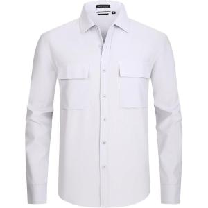 imageAlex Vando Mens Water Proof Button Down Shirts Two Pockets Long Sleeve Outdoor ShirtsGrey