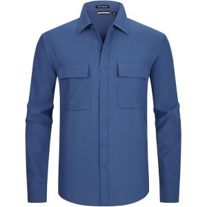 imageAlex Vando Mens Water Proof Button Down Shirts Two Pockets Long Sleeve Outdoor ShirtsNavy