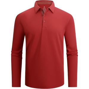 imageAlex Vando Mens Golf Shirt Moisture Wicking QuickDry Solid Long Sleeve Polo Shirts for MenRed 09