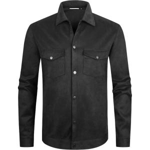 imageAlex Vando Mens Suede Shirt Jackets Long Sleeve Two Pockets Snap Casual Button Down ShirtsBlack