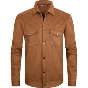 imageAlex Vando Mens Suede Shirt Jackets Long Sleeve Two Pockets Snap Casual Button Down ShirtsBrown