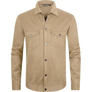 imageAlex Vando Mens Suede Shirt Jackets Long Sleeve Two Pockets Snap Casual Button Down ShirtsKhaki