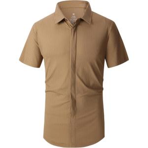 imageAlex Vando Mens Knitted Dress Shirts 8Way Stretch Easy Care Solid Short Sleeve Shirt for Men62 Brown