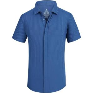 imageAlex Vando Mens Knitted Dress Shirts 8Way Stretch Easy Care Solid Short Sleeve Shirt for Men62 Royal