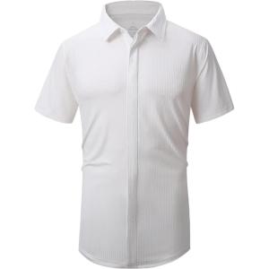 imageAlex Vando Mens Knitted Dress Shirts 8Way Stretch Easy Care Solid Short Sleeve Shirt for Men62 White