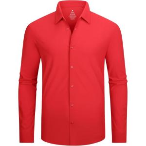 imageAlex Vando Mens Knit Dress Shirts Seamless Collar Long Sleeve Super Stretch Sports Shirts for MenRed