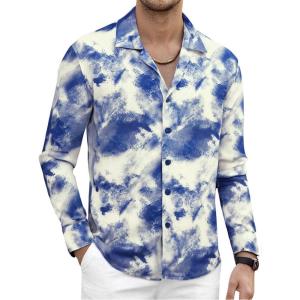 imageAlex Vando Mens Print Button Down Shirts Linen Cotton Camp Collar Long Sleeve Casual ShirtsBlue Tiedye