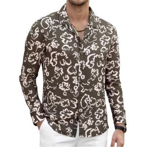 imageAlex Vando Mens Print Button Down Shirts Linen Cotton Camp Collar Long Sleeve Casual ShirtsBrown Geometric