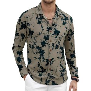 imageAlex Vando Mens Print Button Down Shirts Linen Cotton Camp Collar Long Sleeve Casual ShirtsKhaki Leaf