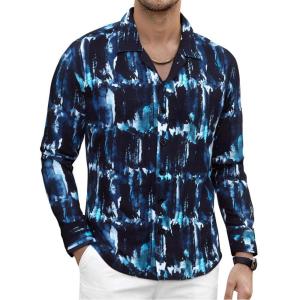 imageAlex Vando Mens Print Button Down Shirts Linen Cotton Camp Collar Long Sleeve Casual ShirtsNavy Tiedye