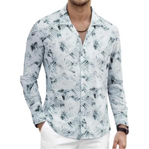 imageAlex Vando Mens Print Button Down Shirts Linen Cotton Camp Collar Long Sleeve Casual ShirtsWhite Grey Stuff