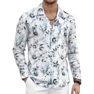 imageAlex Vando Mens Print Button Down Shirts Linen Cotton Camp Collar Long Sleeve Casual ShirtsWhite Leaf