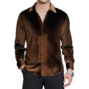 imageAlex Vando Mens Velvet Shirts Regular Fit Long Sleeve Soft Stretch Casual Button Down ShirtCoffee
