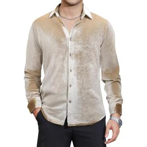 imageAlex Vando Mens Velvet Shirts Regular Fit Long Sleeve Soft Stretch Casual Button Down ShirtKhaki