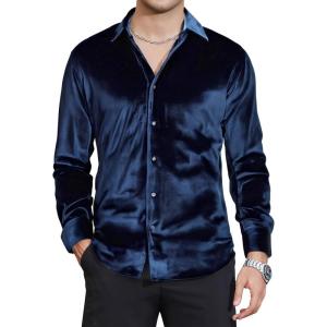 imageAlex Vando Mens Velvet Shirts Regular Fit Long Sleeve Soft Stretch Casual Button Down ShirtNavy