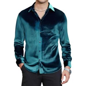 imageAlex Vando Mens Velvet Shirts Regular Fit Long Sleeve Soft Stretch Casual Button Down ShirtPeacock Blue