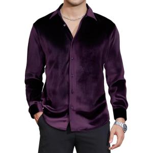 imageAlex Vando Mens Velvet Shirts Regular Fit Long Sleeve Soft Stretch Casual Button Down ShirtPurple
