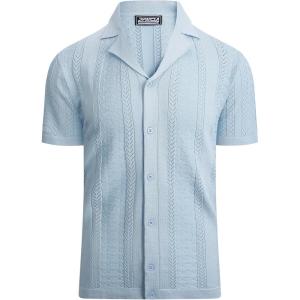 imageAlex Vando Mens Knitted Dress Shirts 8Way Stretch Easy Care Solid Short Sleeve Shirt for MenHerringbone Blue