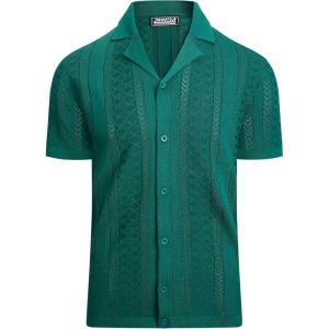 imageAlex Vando Mens Knitted Dress Shirts 8Way Stretch Easy Care Solid Short Sleeve Shirt for MenHerringbone Green