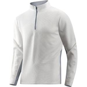 imageAlex Vando Mens Long Sleeve Zipper Golf Shirts Color Block Texture Polo Shirt for MenWhite
