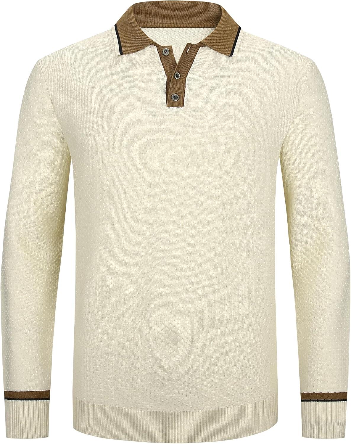 imageAlex Vando Mens Knit Polo Shirts Long Sleeve Sweater Casual Fashion Classic Button Down Polo ShirtsApricot