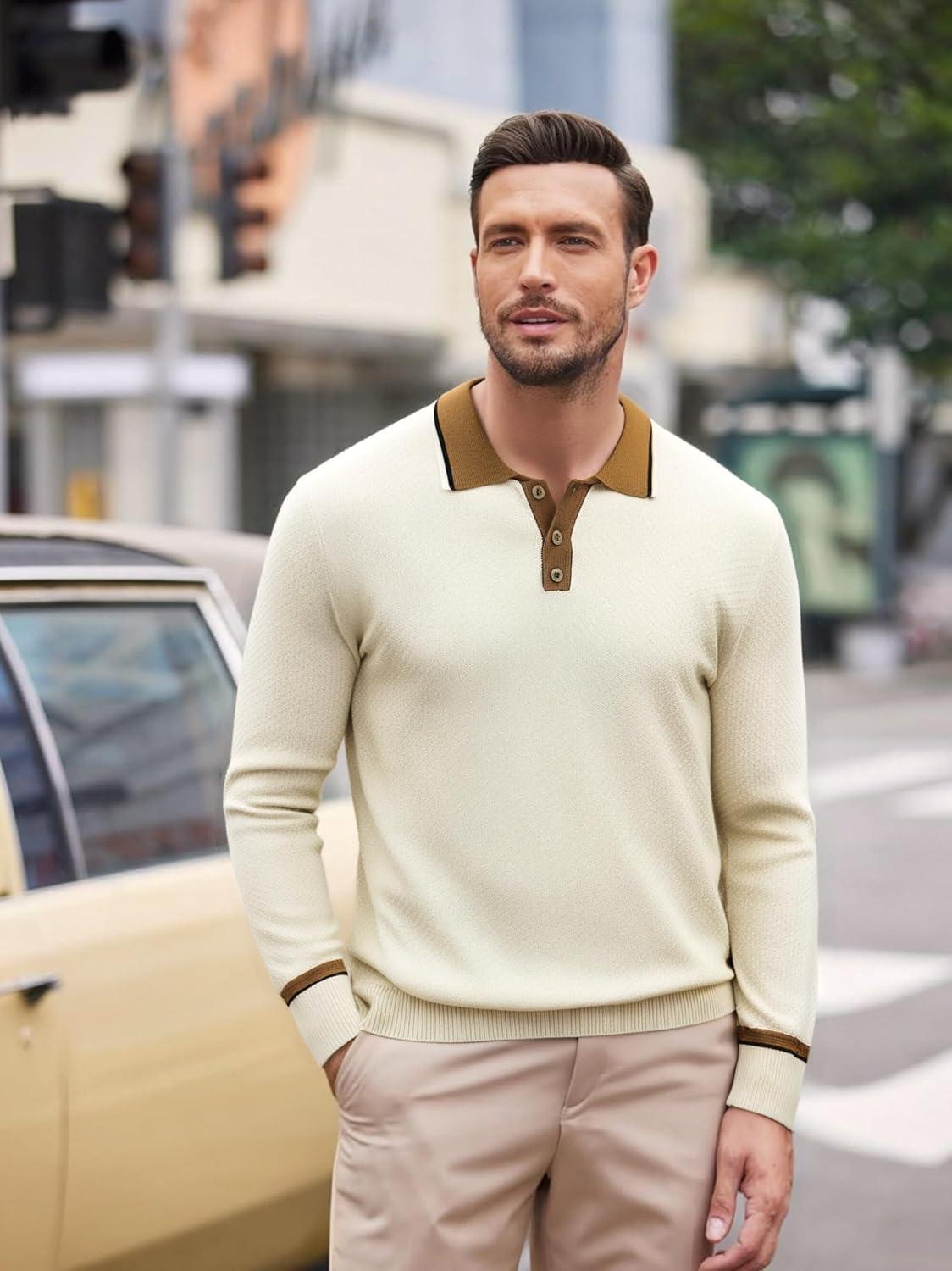 imageAlex Vando Mens Knit Polo Shirts Long Sleeve Sweater Casual Fashion Classic Button Down Polo ShirtsApricot
