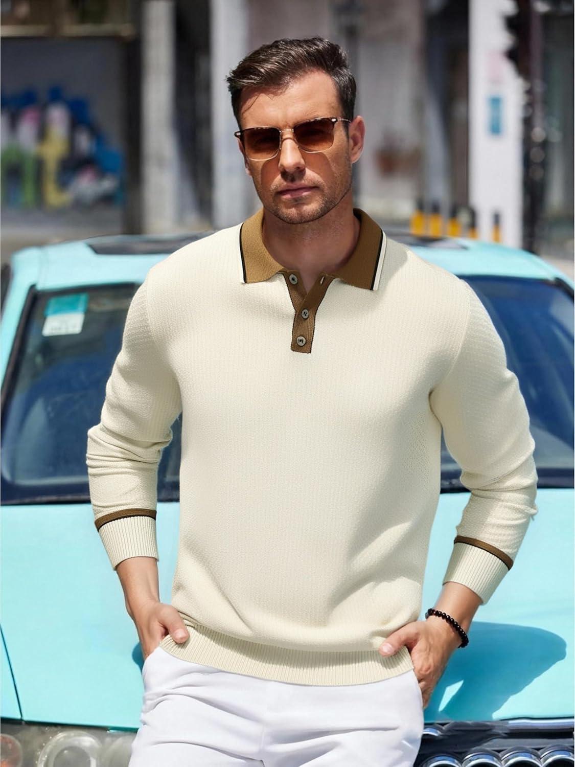 imageAlex Vando Mens Knit Polo Shirts Long Sleeve Sweater Casual Fashion Classic Button Down Polo ShirtsApricot
