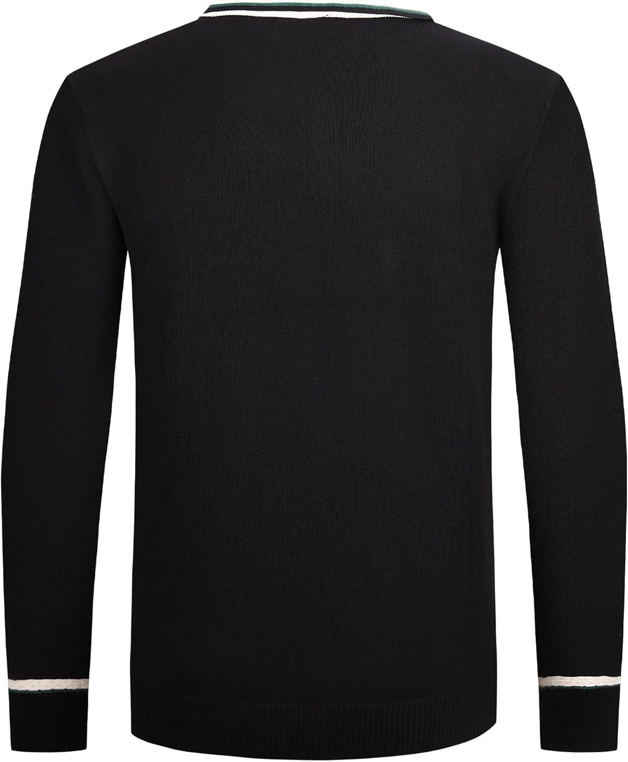 imageAlex Vando Mens Knit Polo Shirts Long Sleeve Sweater Casual Fashion Classic Button Down Polo ShirtsBlack