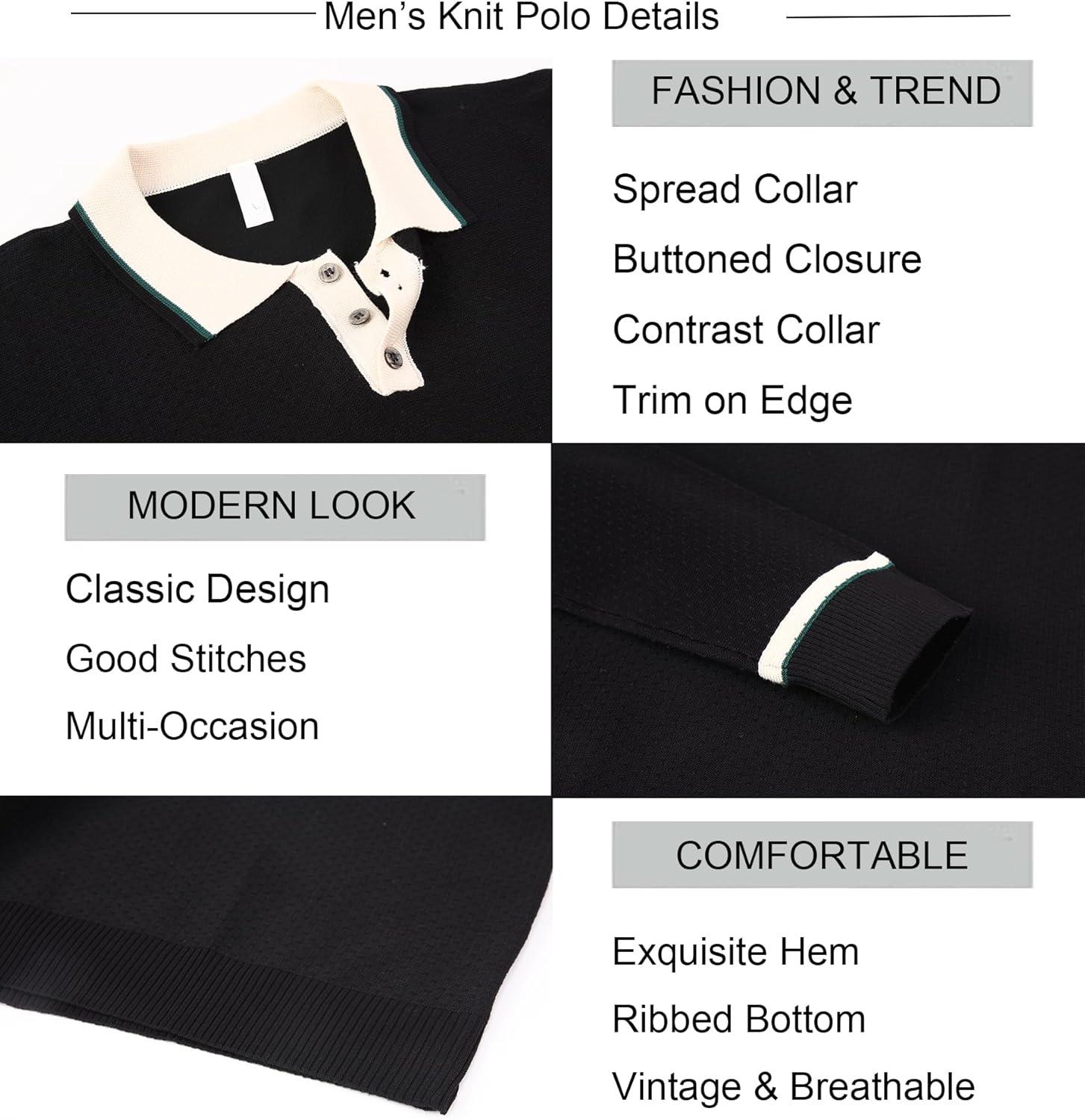 imageAlex Vando Mens Knit Polo Shirts Long Sleeve Sweater Casual Fashion Classic Button Down Polo ShirtsBlack