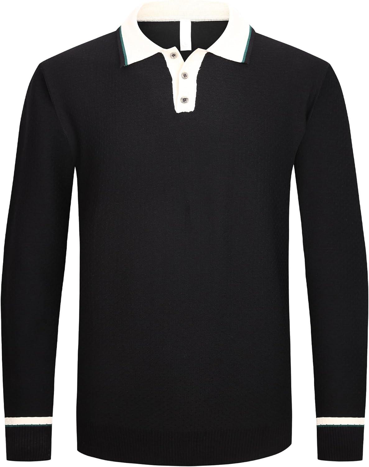 imageAlex Vando Mens Knit Polo Shirts Long Sleeve Sweater Casual Fashion Classic Button Down Polo ShirtsBlack