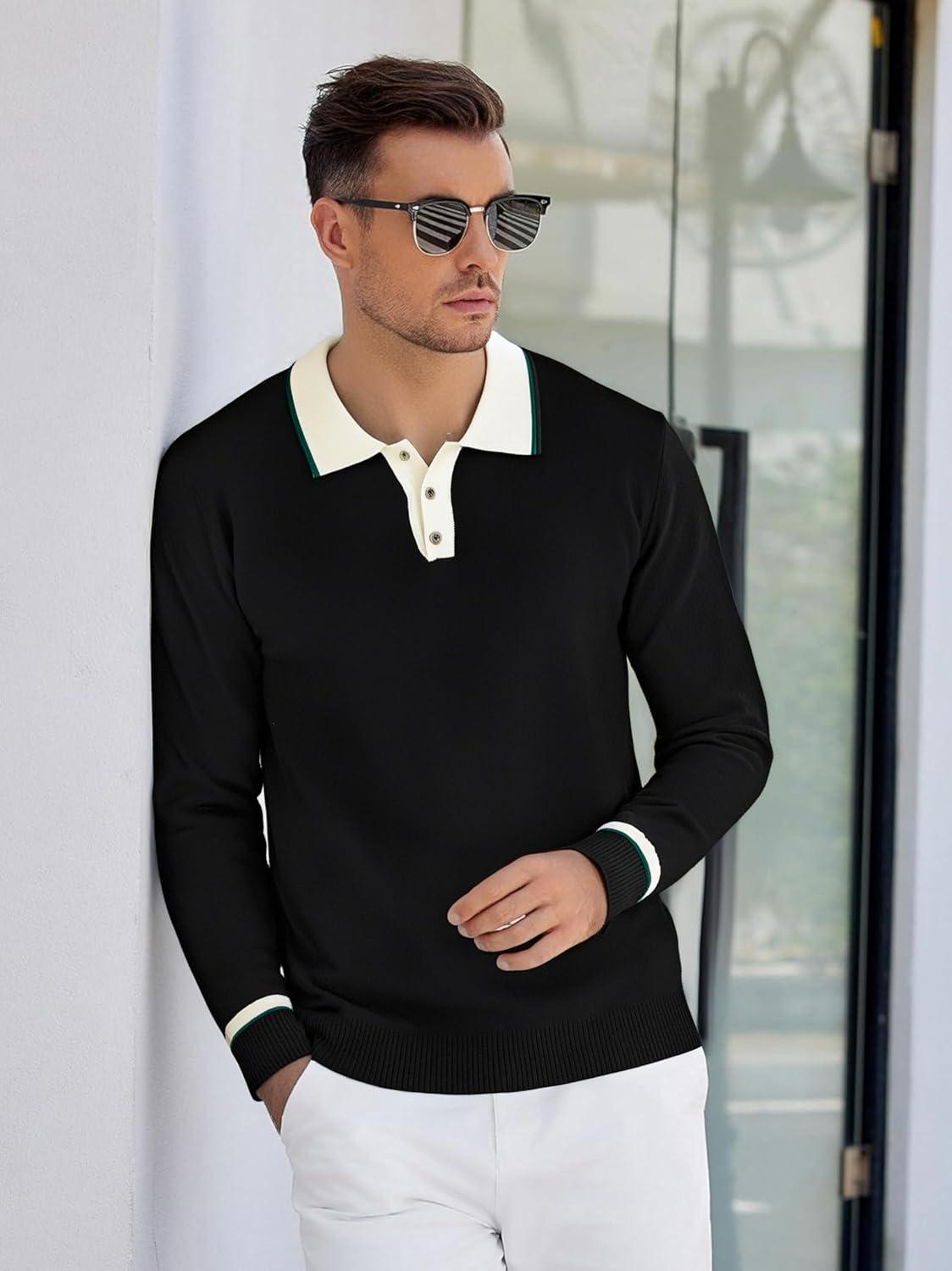 imageAlex Vando Mens Knit Polo Shirts Long Sleeve Sweater Casual Fashion Classic Button Down Polo ShirtsBlack