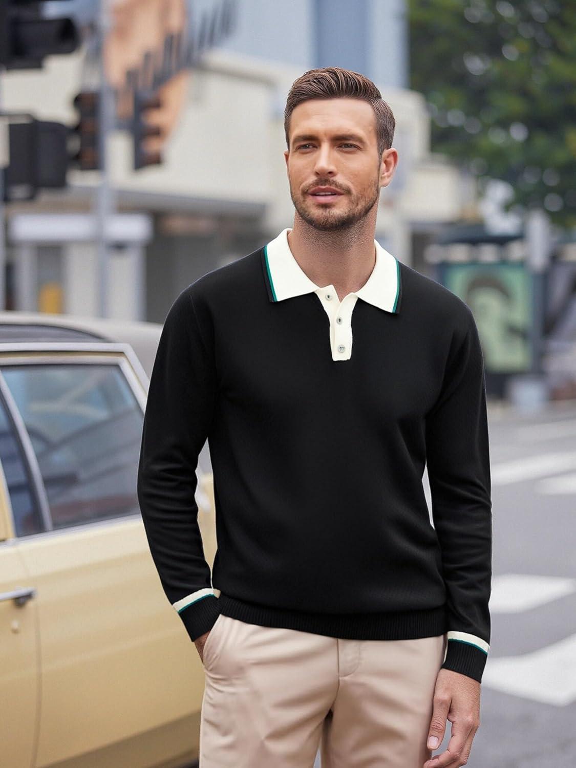 imageAlex Vando Mens Knit Polo Shirts Long Sleeve Sweater Casual Fashion Classic Button Down Polo ShirtsBlack