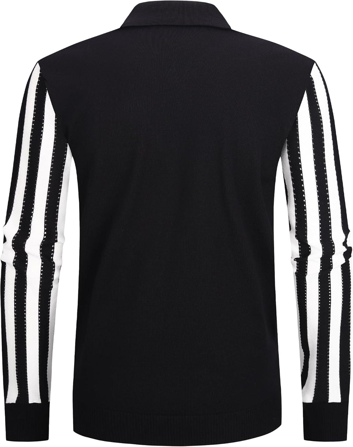 imageAlex Vando Mens Knit Polo Shirts Long Sleeve Sweater Casual Fashion Classic Button Down Polo ShirtsBlackWhite