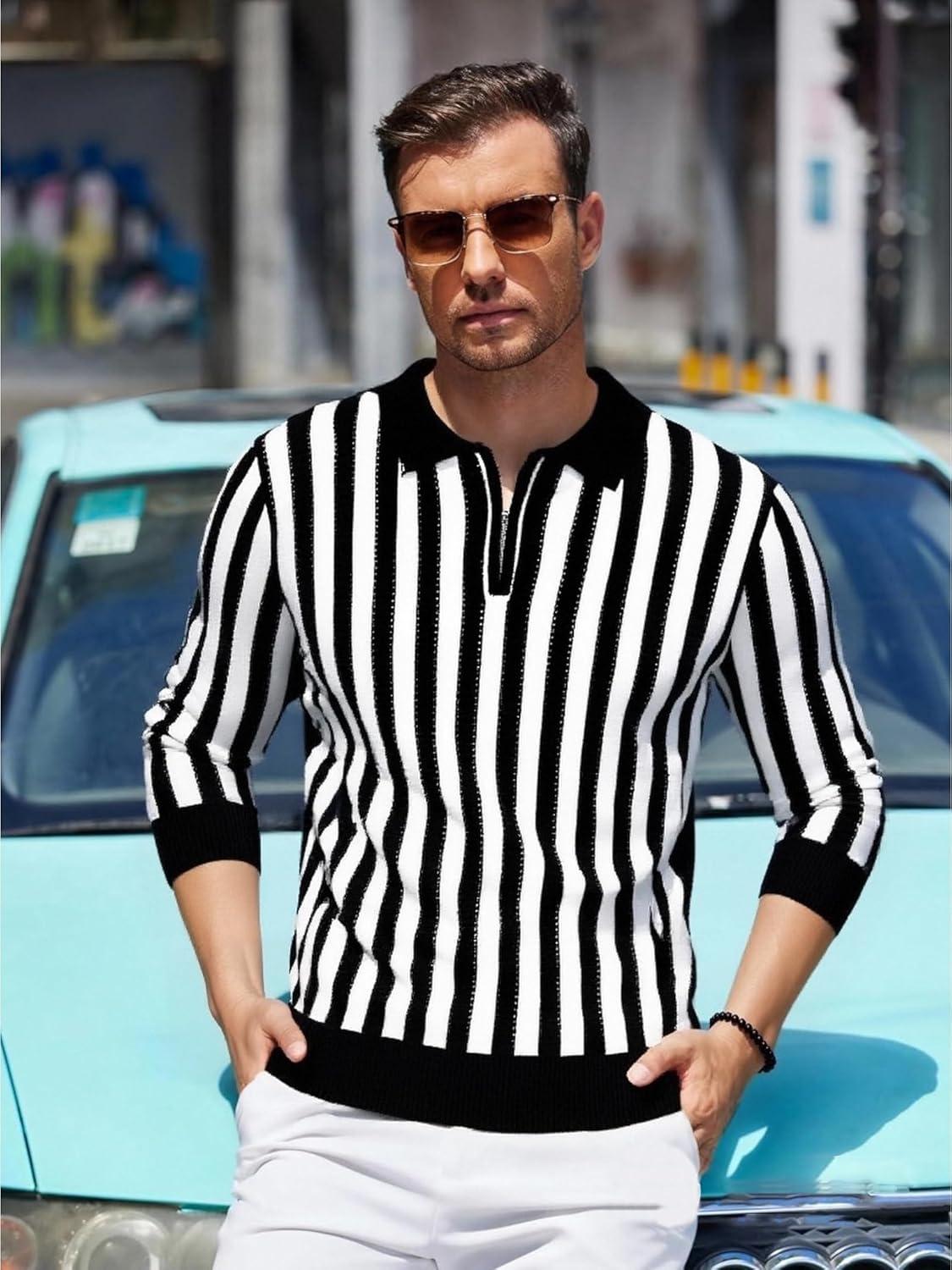 imageAlex Vando Mens Knit Polo Shirts Long Sleeve Sweater Casual Fashion Classic Button Down Polo ShirtsBlackWhite