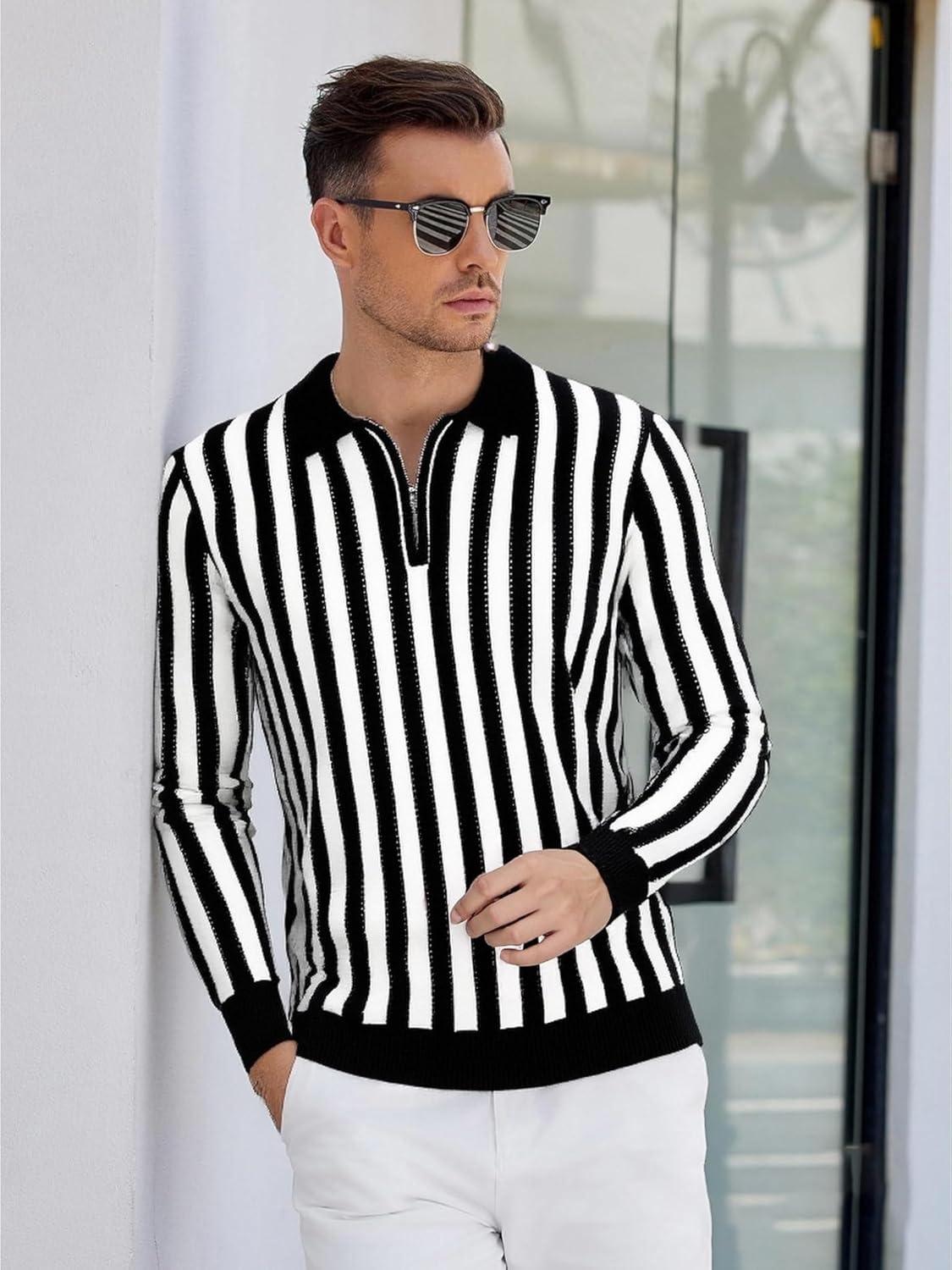 imageAlex Vando Mens Knit Polo Shirts Long Sleeve Sweater Casual Fashion Classic Button Down Polo ShirtsBlackWhite