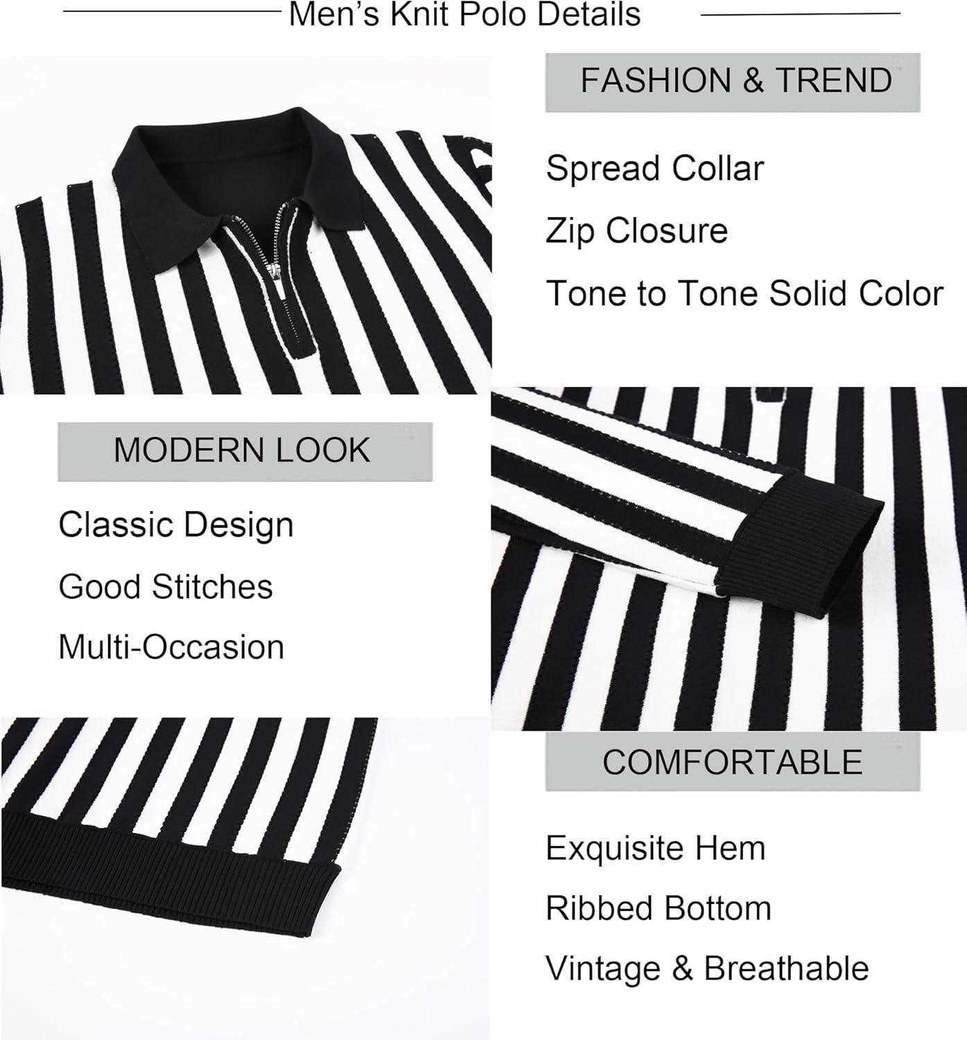 imageAlex Vando Mens Knit Polo Shirts Long Sleeve Sweater Casual Fashion Classic Button Down Polo ShirtsBlackWhite