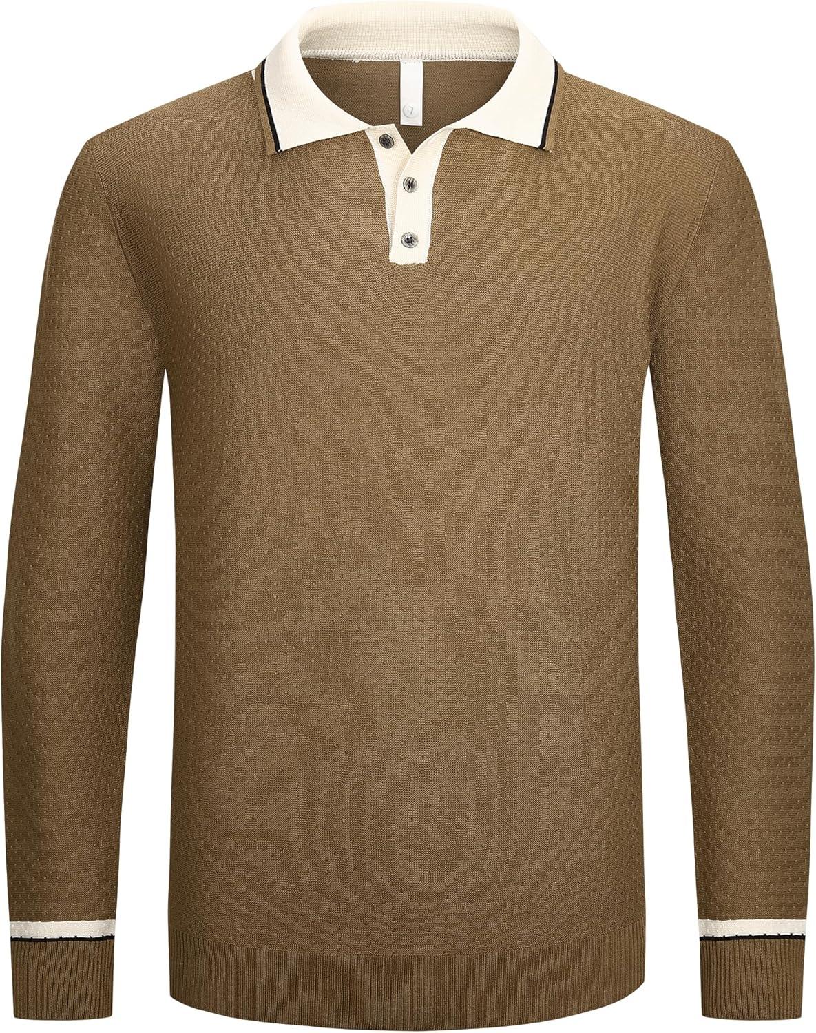 imageAlex Vando Mens Knit Polo Shirts Long Sleeve Sweater Casual Fashion Classic Button Down Polo ShirtsBrown