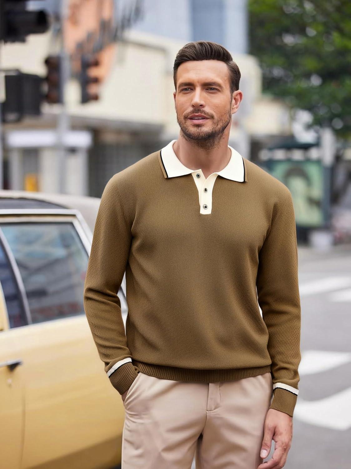 imageAlex Vando Mens Knit Polo Shirts Long Sleeve Sweater Casual Fashion Classic Button Down Polo ShirtsBrown