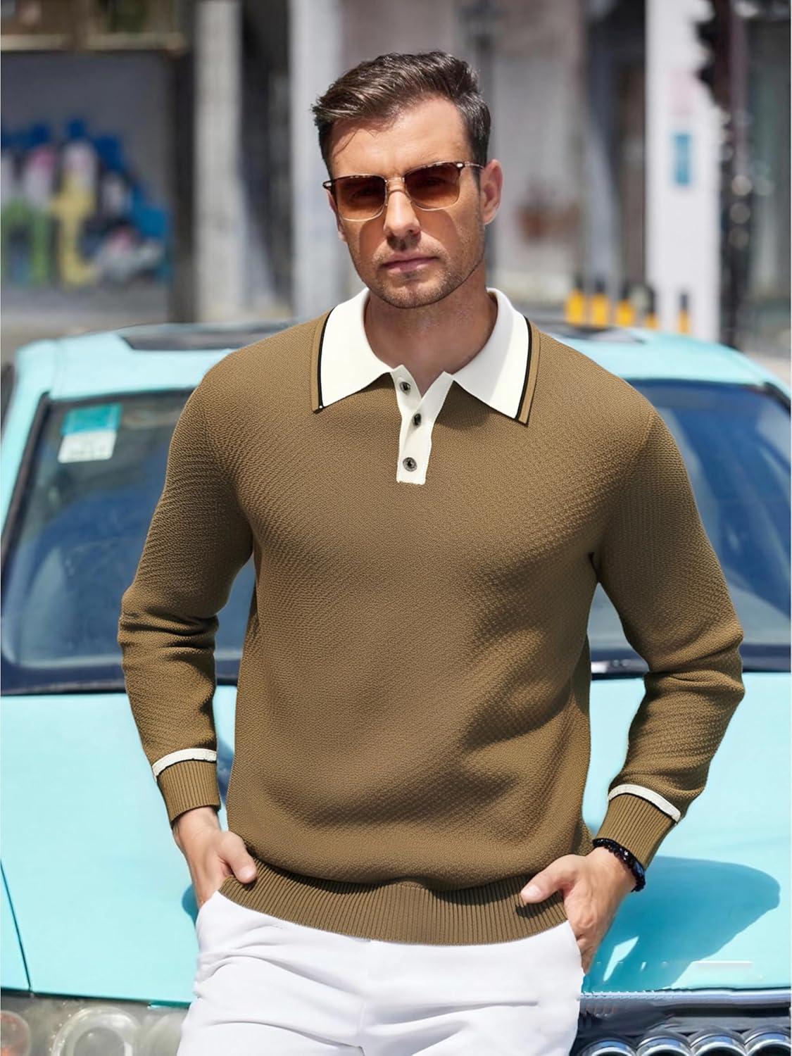 imageAlex Vando Mens Knit Polo Shirts Long Sleeve Sweater Casual Fashion Classic Button Down Polo ShirtsBrown