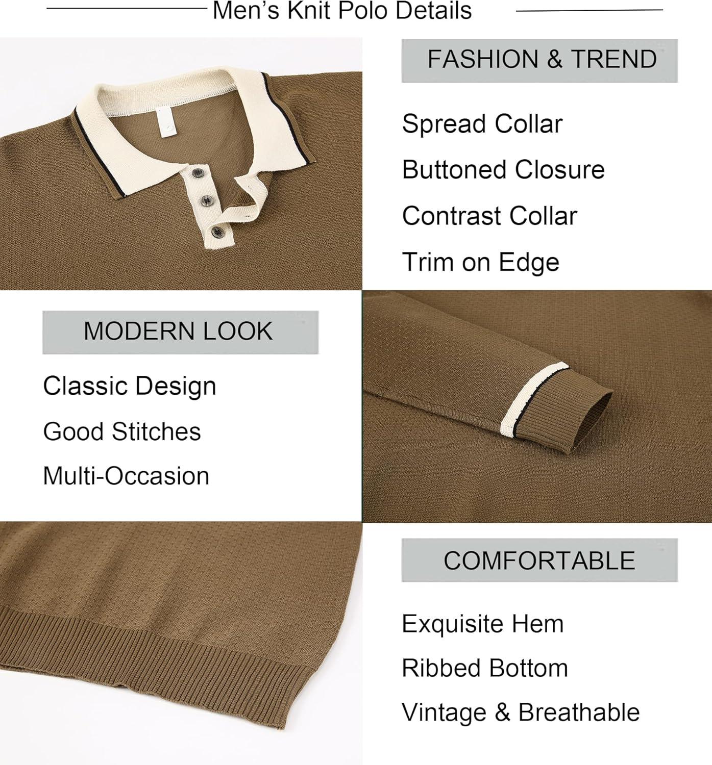 imageAlex Vando Mens Knit Polo Shirts Long Sleeve Sweater Casual Fashion Classic Button Down Polo ShirtsBrown
