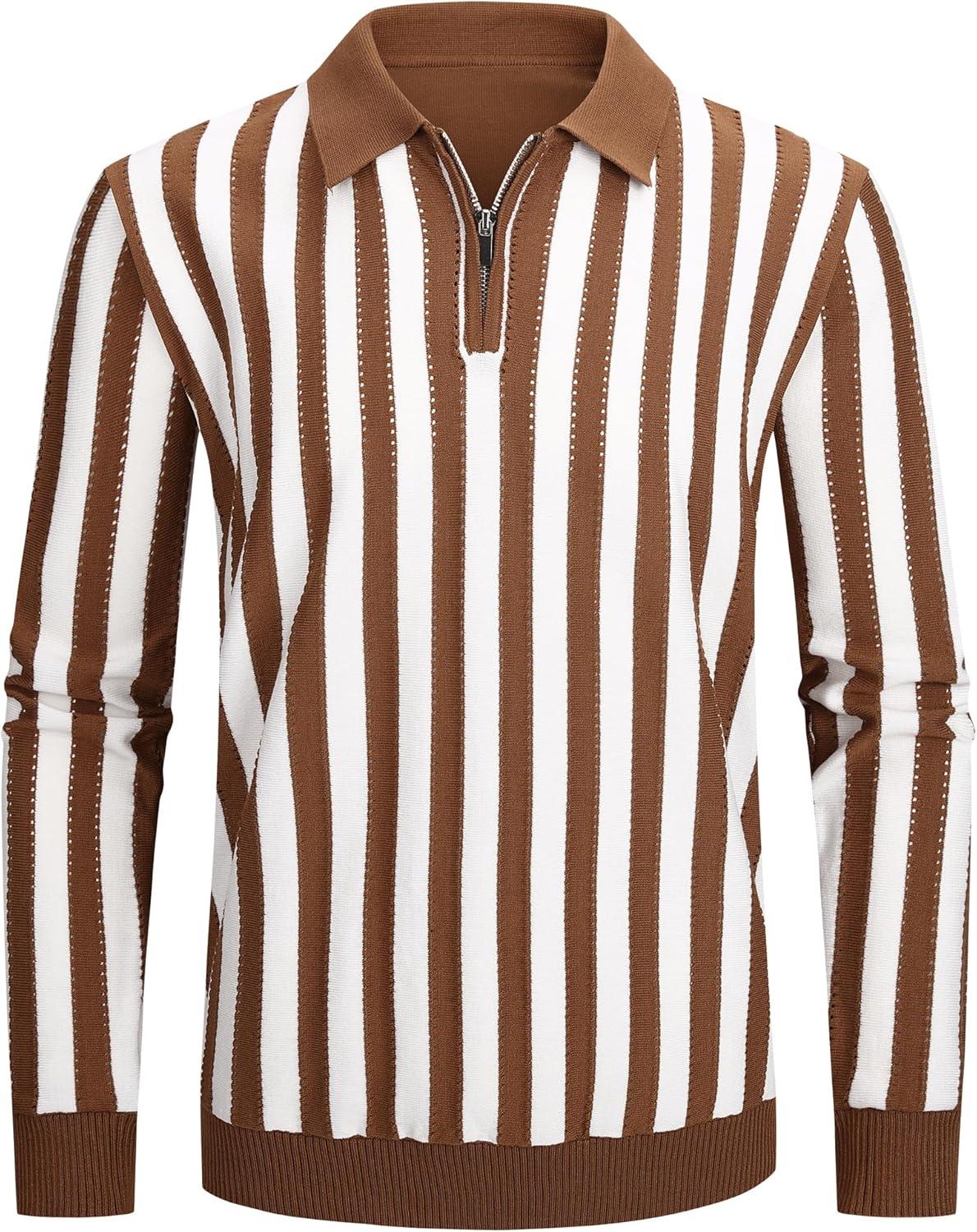 imageAlex Vando Mens Knit Polo Shirts Long Sleeve Sweater Casual Fashion Classic Button Down Polo ShirtsBrownWhite