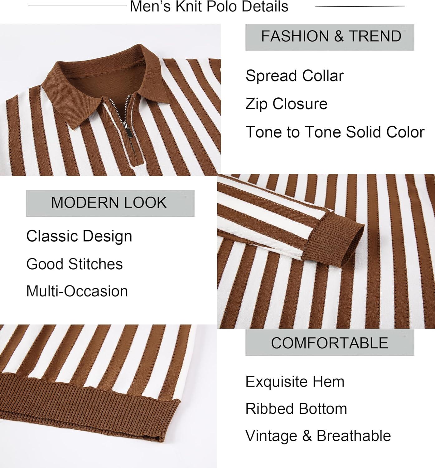 imageAlex Vando Mens Knit Polo Shirts Long Sleeve Sweater Casual Fashion Classic Button Down Polo ShirtsBrownWhite