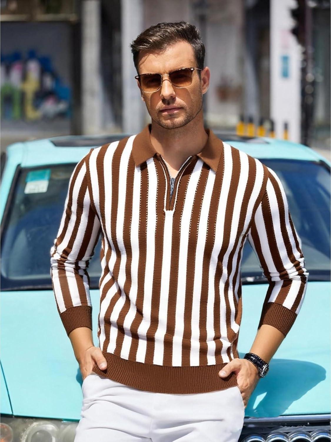imageAlex Vando Mens Knit Polo Shirts Long Sleeve Sweater Casual Fashion Classic Button Down Polo ShirtsBrownWhite
